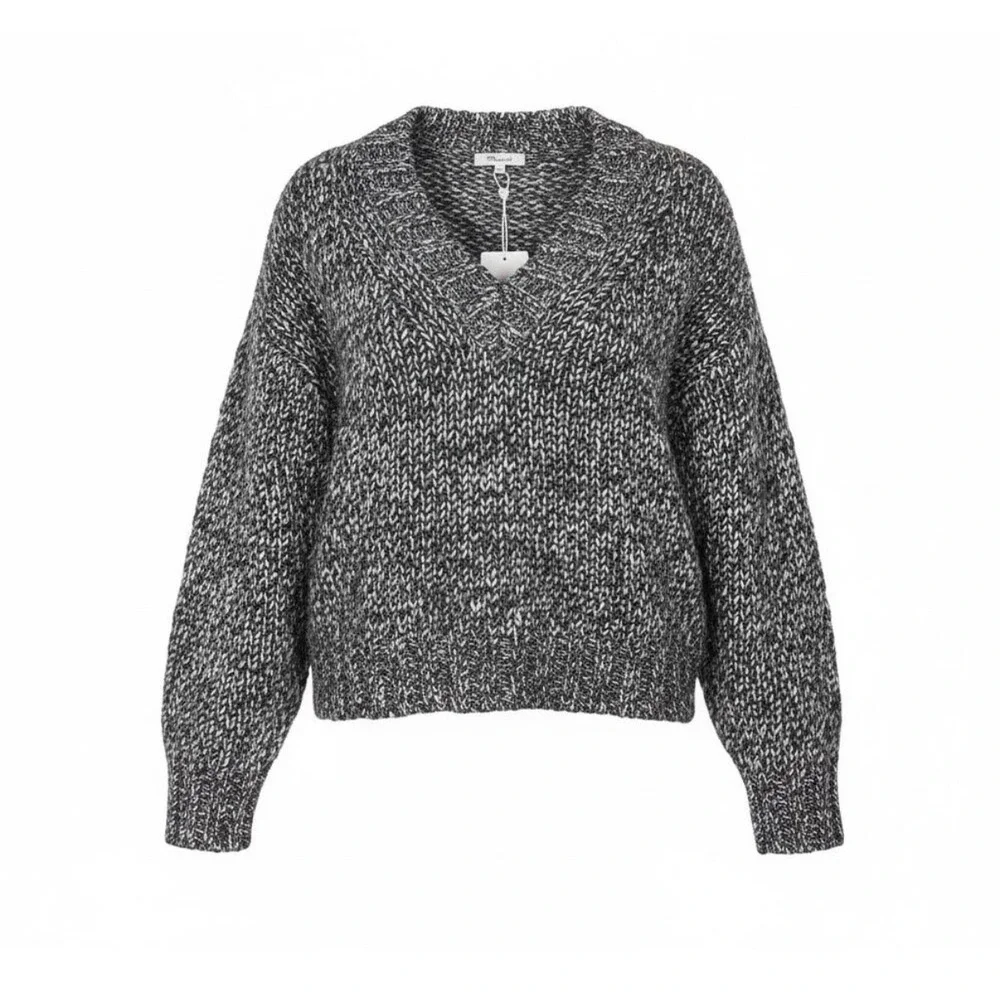 Madewell Sweater Women S Black White Italian Yarn Wool Alpaca V-Neck Marled Knit - Picture 1 of 7